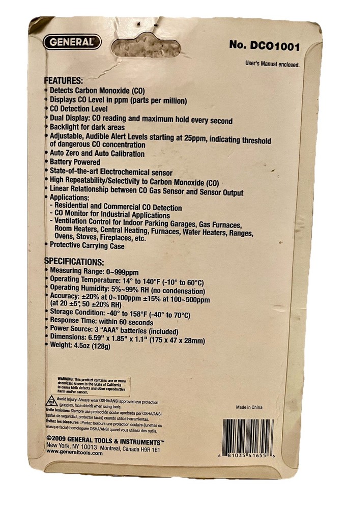 General Tools DCO1001 Carbon Monoxide Detector Meter - New