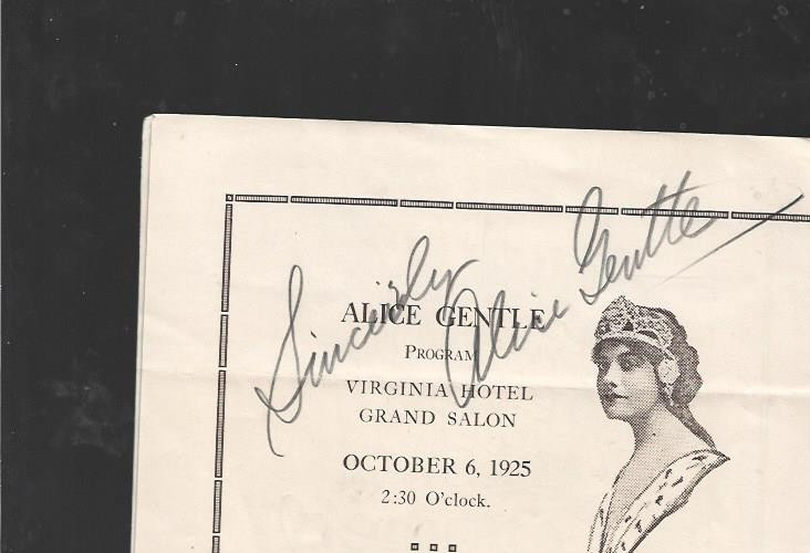 1925 Hand Signed program by Alice Gentle American opera singer
