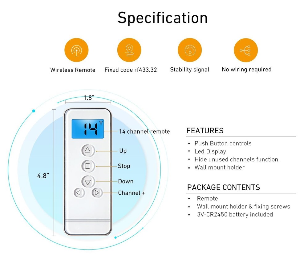 14 Channel Controller for Roller Shades Remote Control for Motorized Windows ...