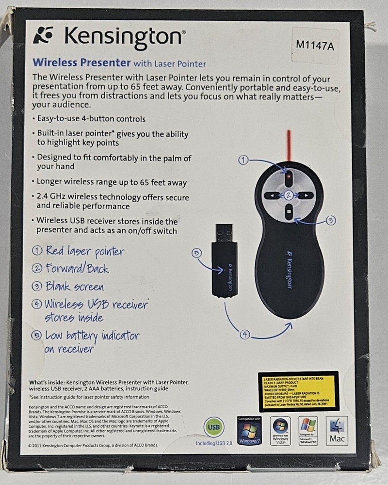 Kensington Wireless Presenter With Laser Pointer New