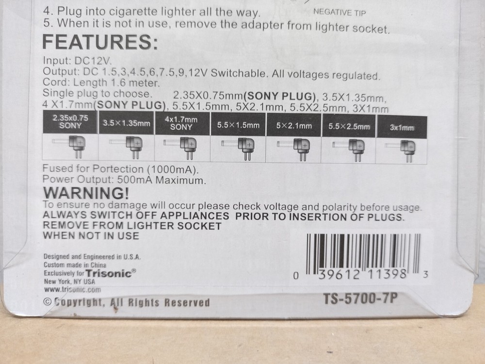 Trisonic DC-DC Regulated Car Power Adaptor w/ 7 Detachable Plugs & Volt Switch