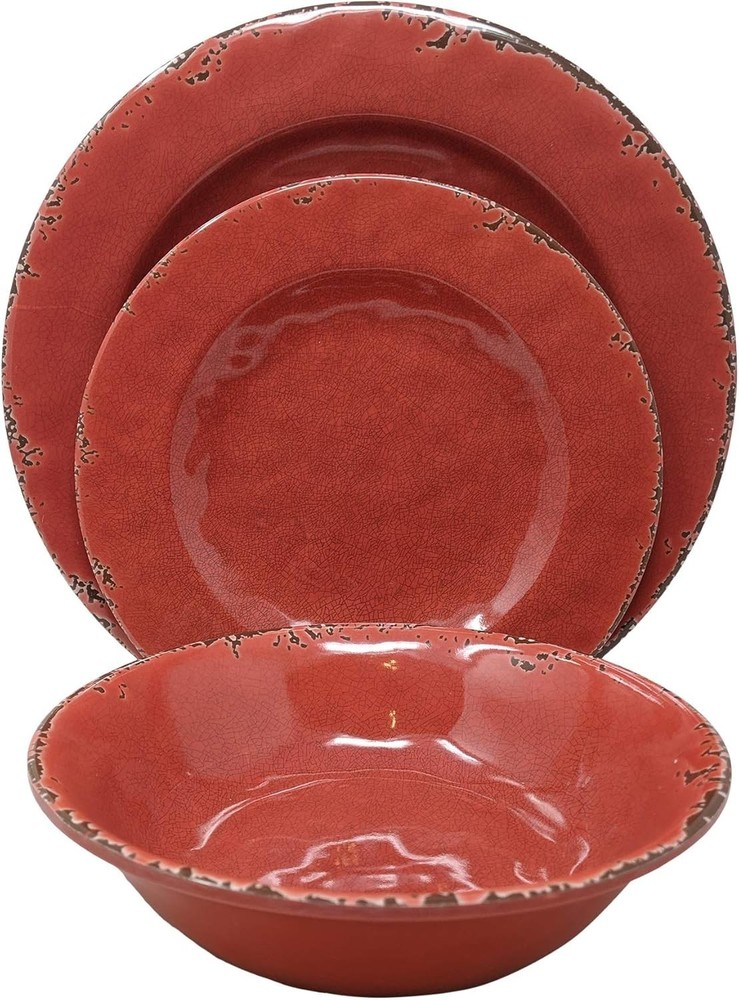 12-Piece Rustic Red Melamine Dinnerware Set - Service for 4, Dishwasher Safe