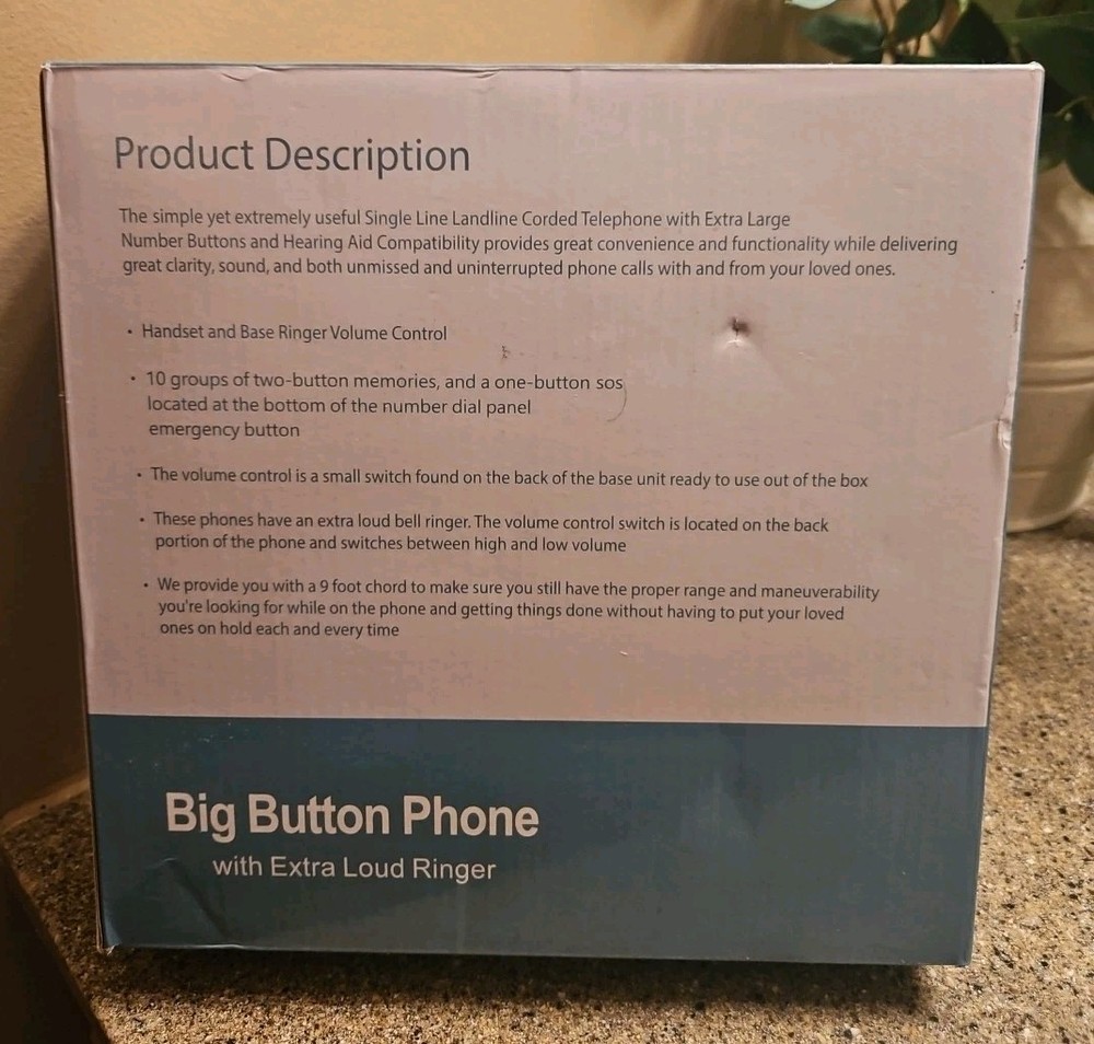 Big Button Phone with Extra Loud Ringer, NIB Elderly Visually Impaired, LD-828