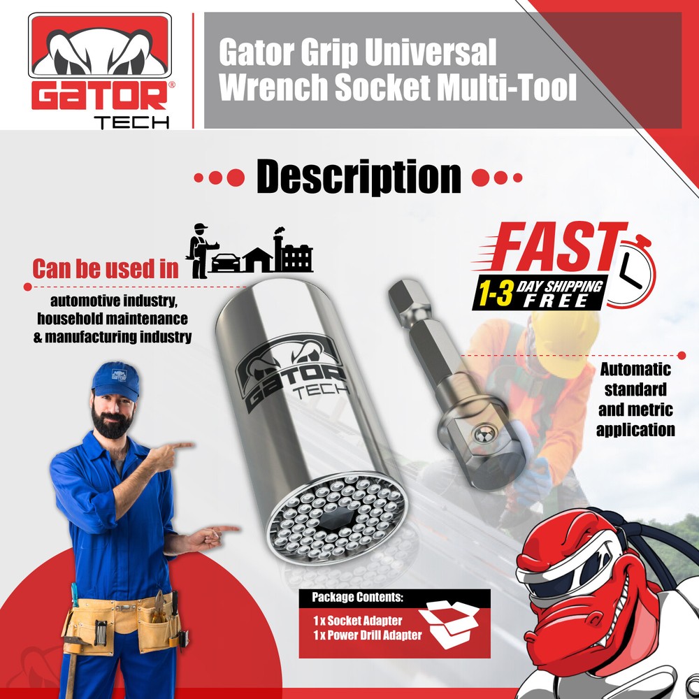 Universal Socket Wrench Magical Power Grip Gator Tech Multi Tool Drill Adapter