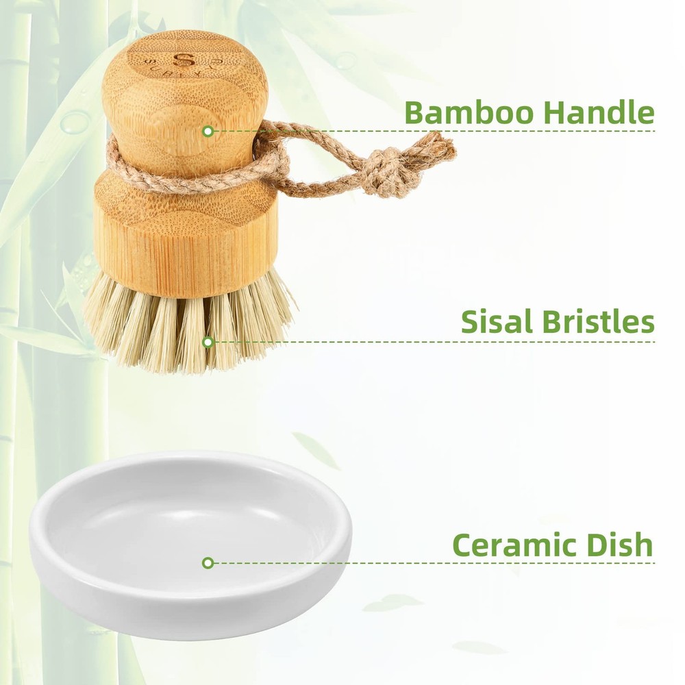 Bamboo Dish Scrub Regular size, Ceramics Base + 3p Sisal Brushes