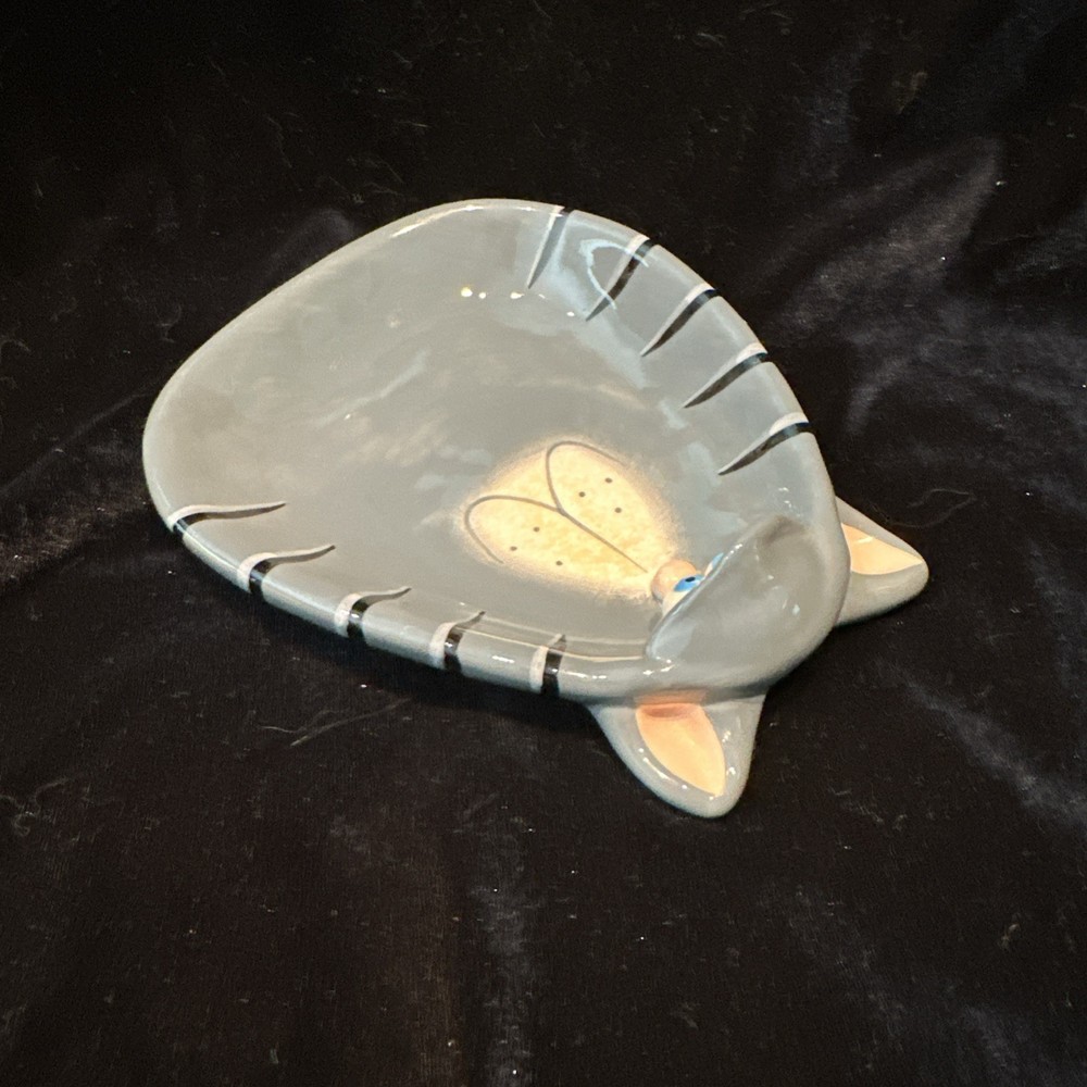 Gray Stripe Ceramic Cat Candy Dish