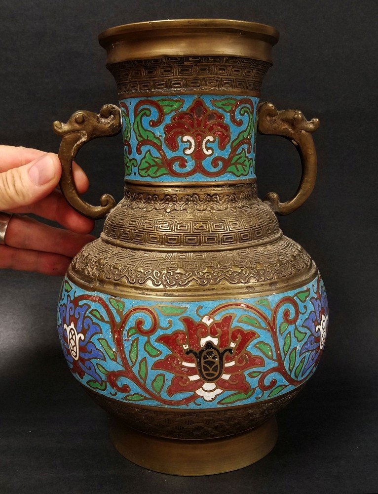 Vintage Two Handled Bronze Champleve' Cloisonne" Enamel Vase