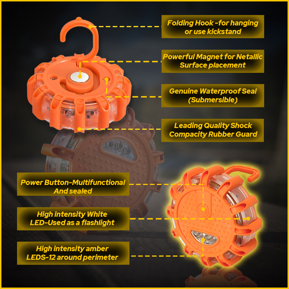 2PCS LED Safety Flare Warning Disc Flashing Roadside Light Strobe Beacon