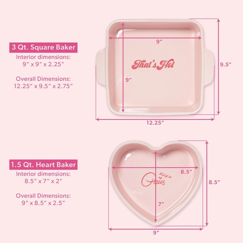 Pink Stoneware Baking Set Square and Heart Shaped Ceramic Baker Dishes