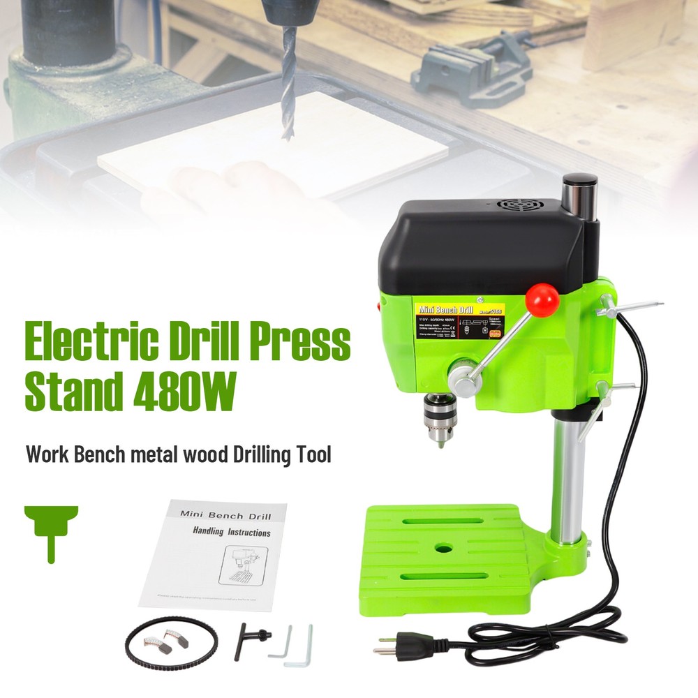 480W Electric Drill Press Stand Small Power Drilling Tool Mini Work Bench Green