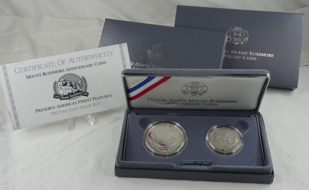 1991-S Mount Rushmore Commemorative Proof Silver Dollar & Half Box & COA 2 Coins