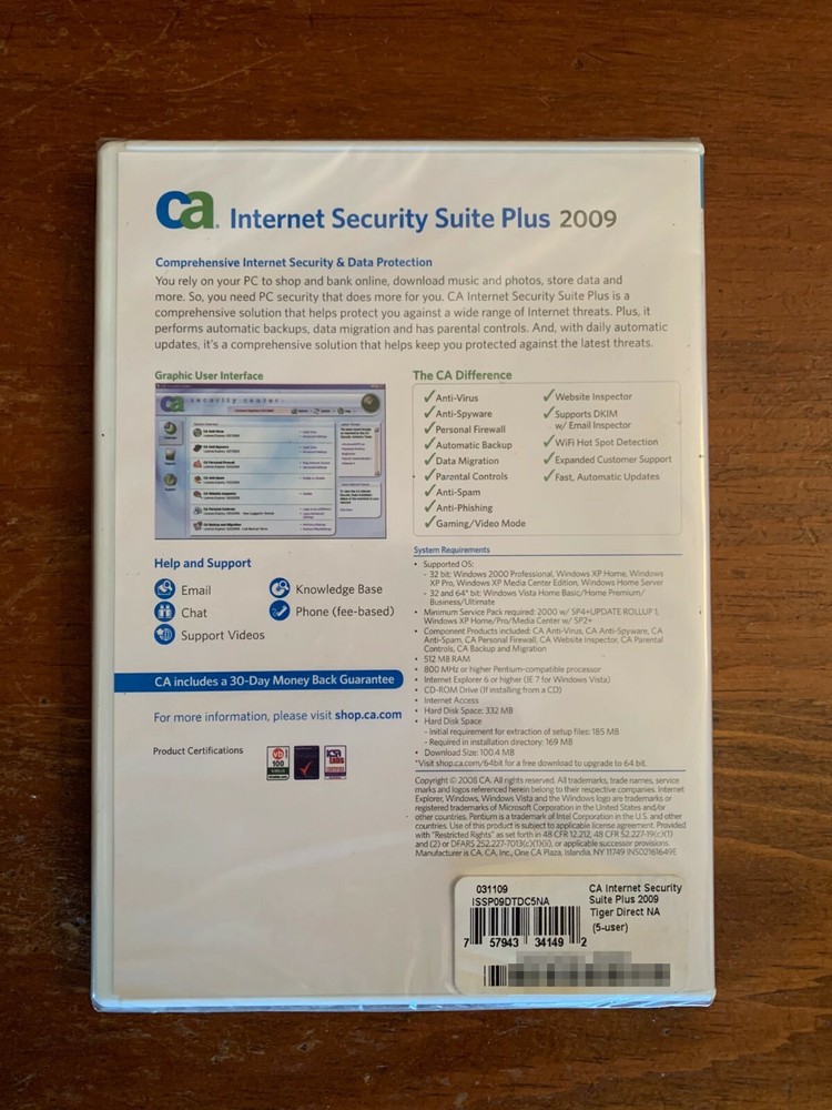 CA INTERNET SECURITY SUITE PLUS 2009 - 5 PCs For Windows NEW SEALED