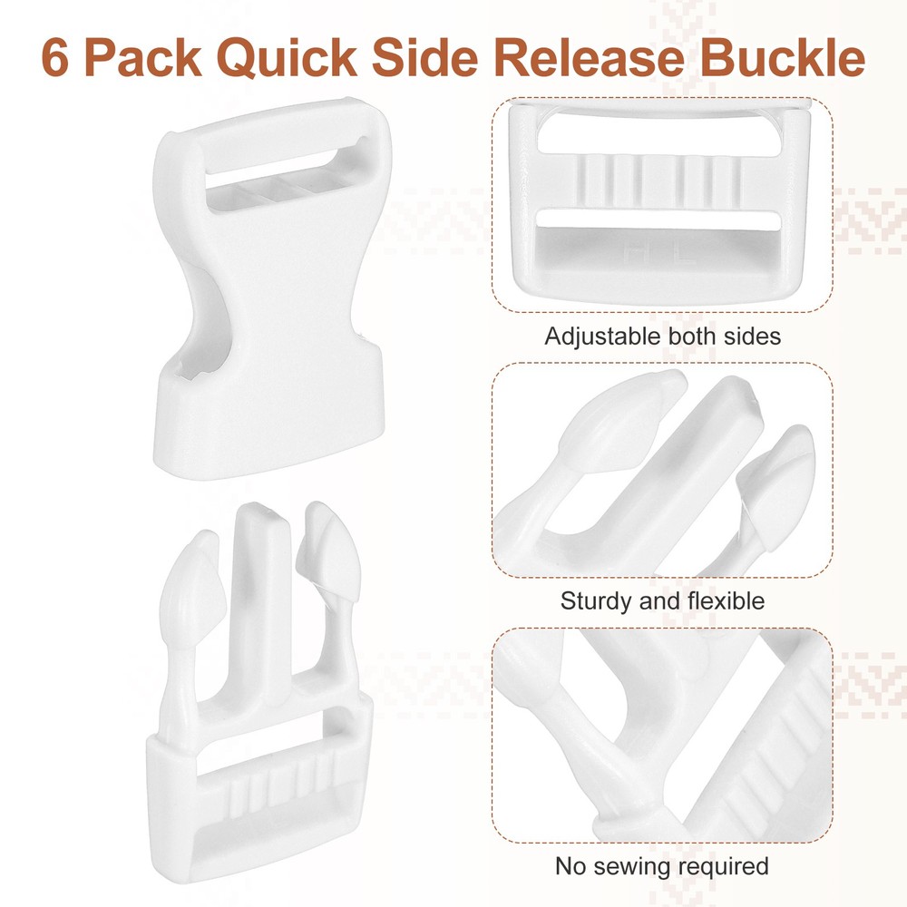 6 Pack Quick Side Release Buckle, 1" Plastic Buckle Clip, White