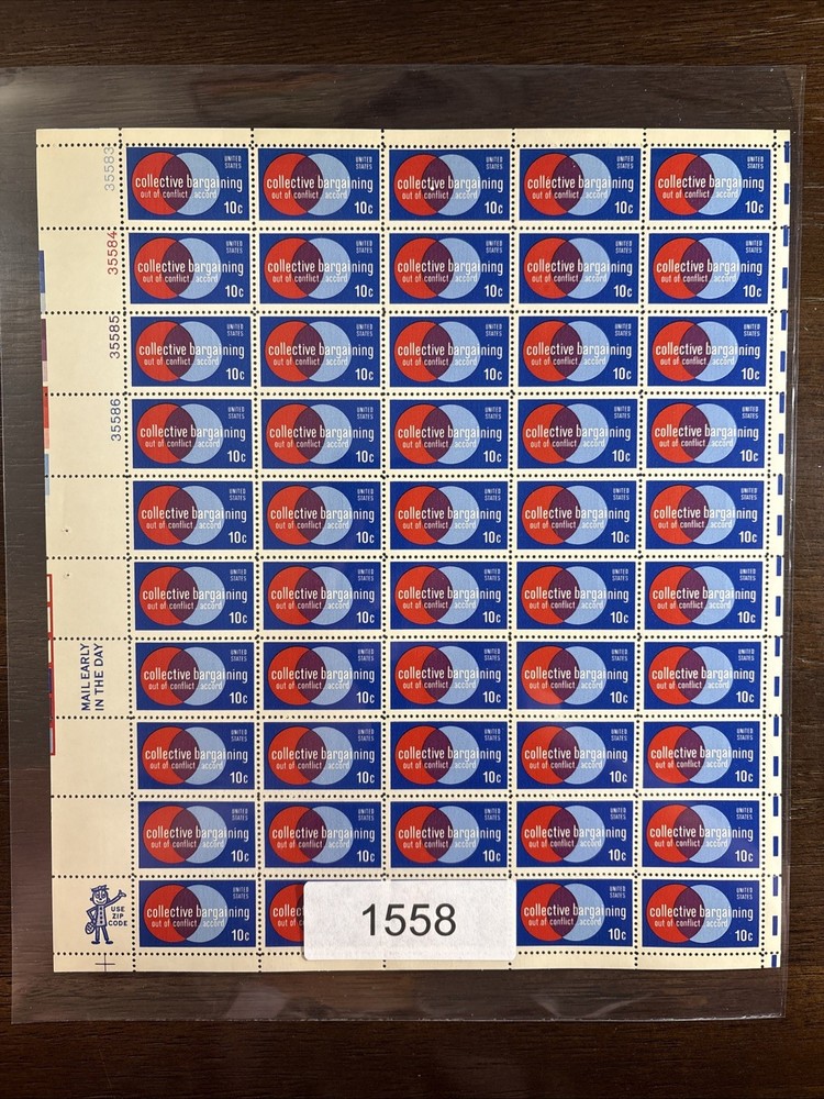 1558 US Mint Sheet, 10 Cent Collective Bargaining, Mint NH