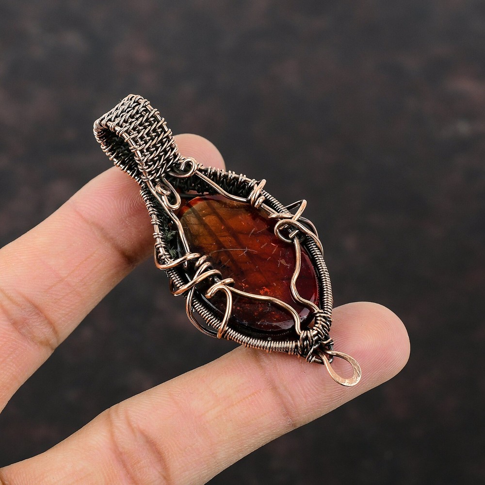 Red Fire Labradorite Copper Gift For Mom Wire Wrapped Pendant 2.76"