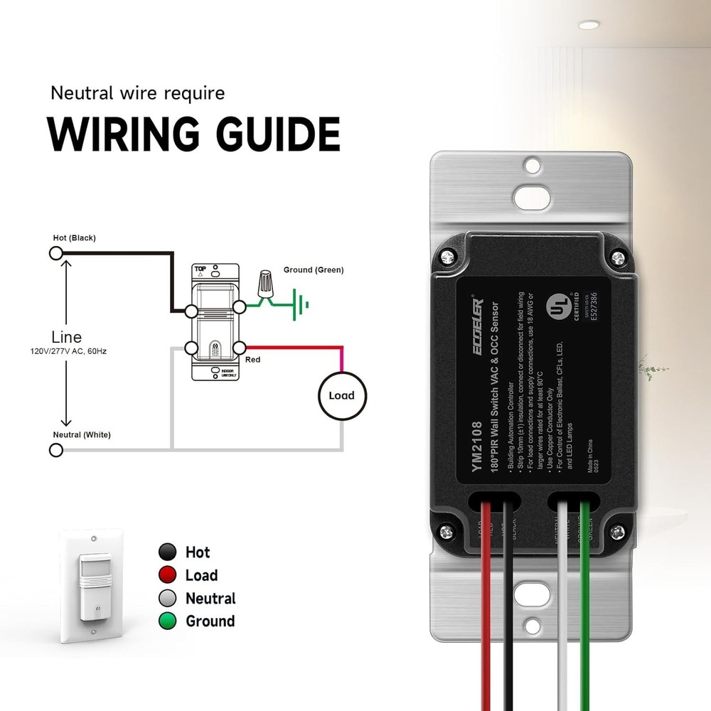 Neutral Wire Required Motion Sensor Switch - Adjustability for Indoor Lighting