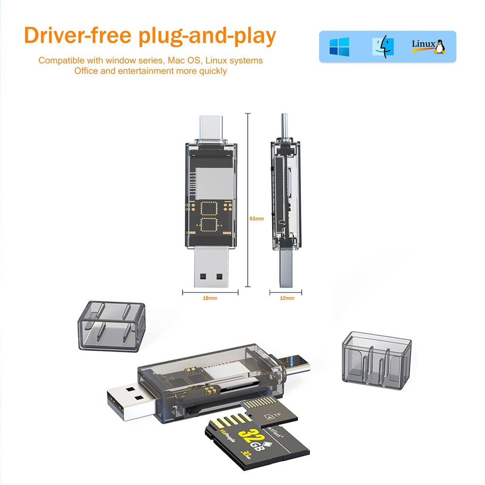 2 Pack USB SD Card Reader for PC, Micro 2 USB_USB-C, Transparent Black