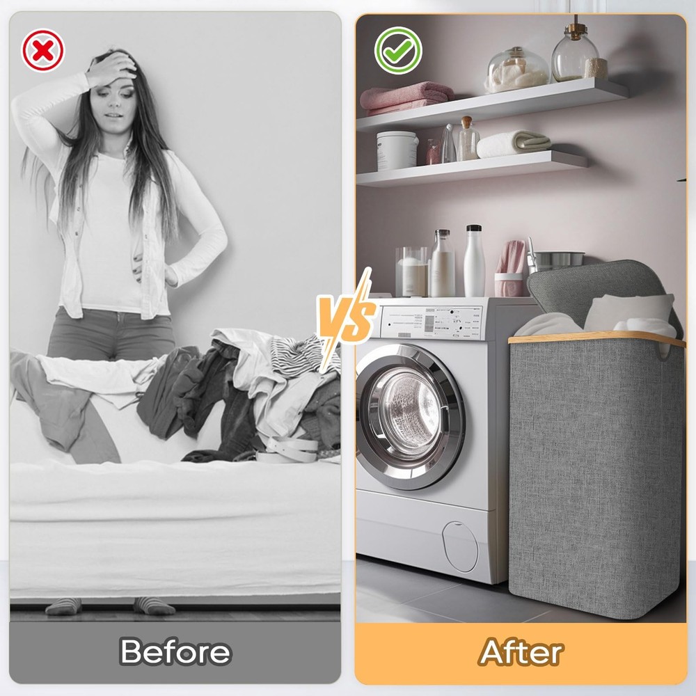 BALEINE Laundry Hamper with Lid, Tall Laundry Baskets with Bamboo Pull Handle...