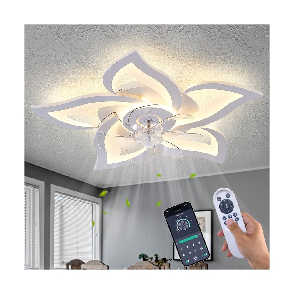 White Flower Modern CeilingFans with Lights, Low Profile Ceiling Fan with Rem...