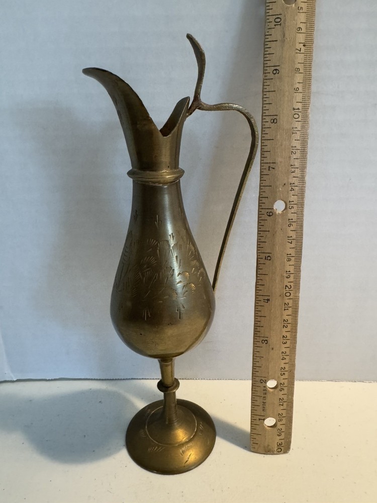 Solid Brass Pitcher 9.5" Floral Leaf Etched Cobra Head Handle Vase