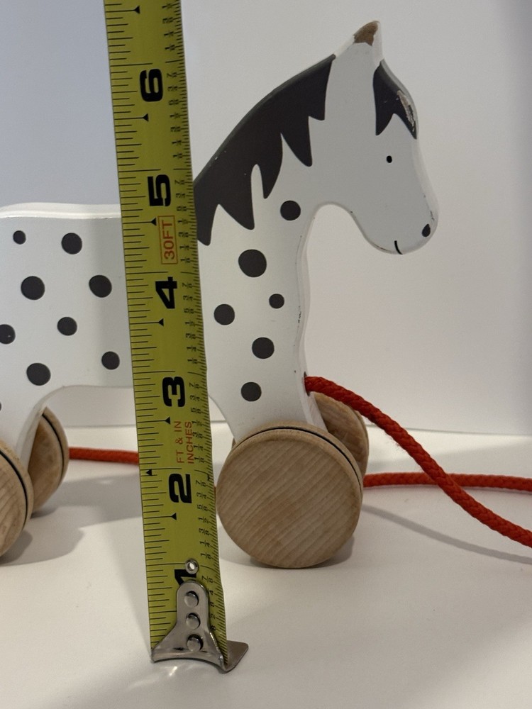 Vintage Goki Horse Pull Toy White With Black Mane And Spots Red Pull String
