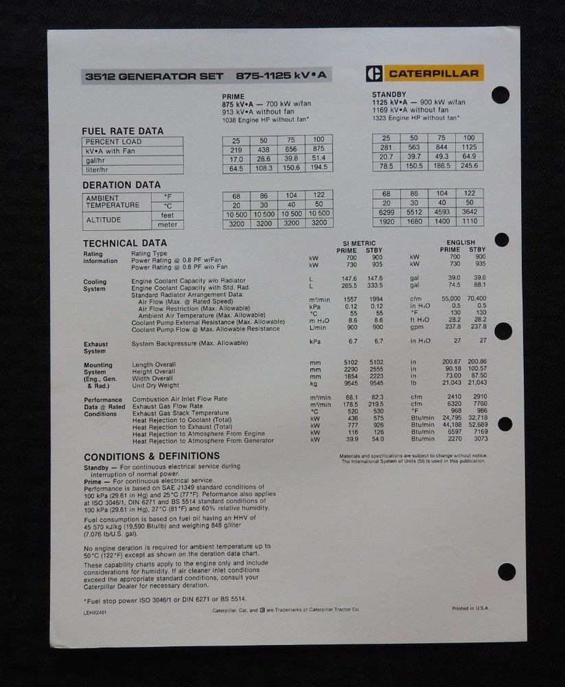 1980's CATERPILLAR "3512 DIESEL ENGINE GENERATOR SET" SPECIFICATIONS BROCHURE