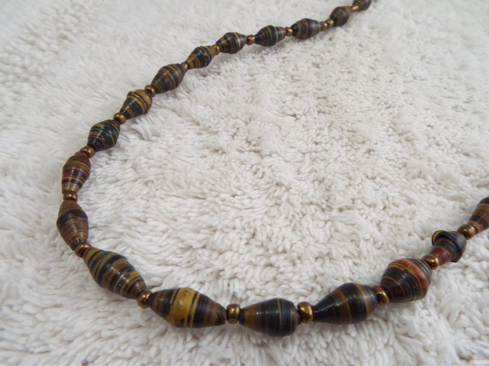 Brown Tan Rolled Paper Bead Necklace (A6)