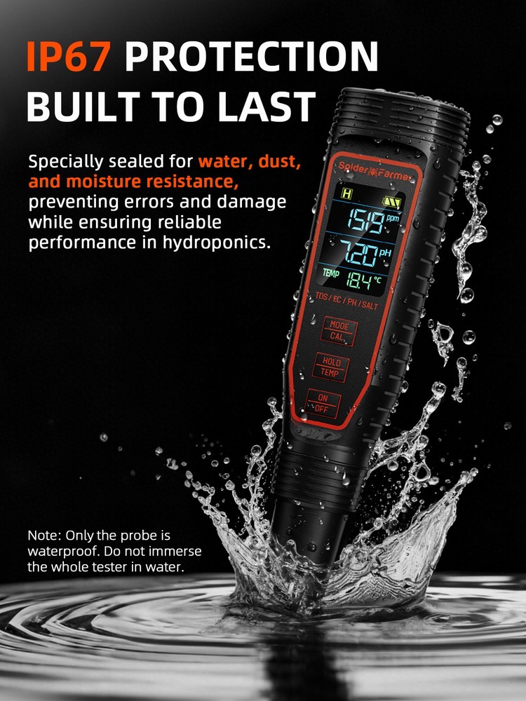 Spider Farmer 5-in-1 TDS/PH Hydroponic Meter Kit with a high-sensitivity sensor