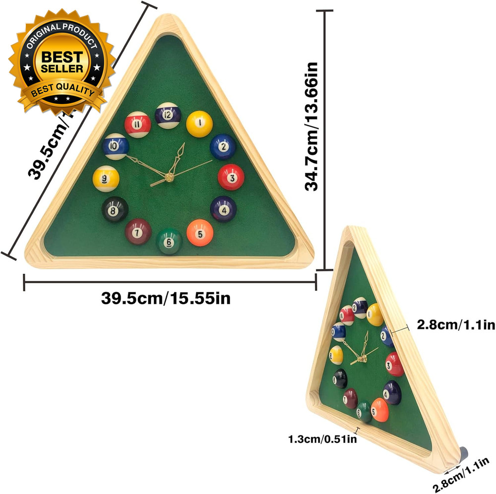 Billiards Pool Ball Clock - 14Inch Triangle Pool Table Cool Wall Clock Solid