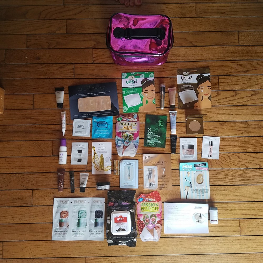 HUGE Mixed Beauty Samples Face Smashbox Clinique Benefit Too Faced + Train Case