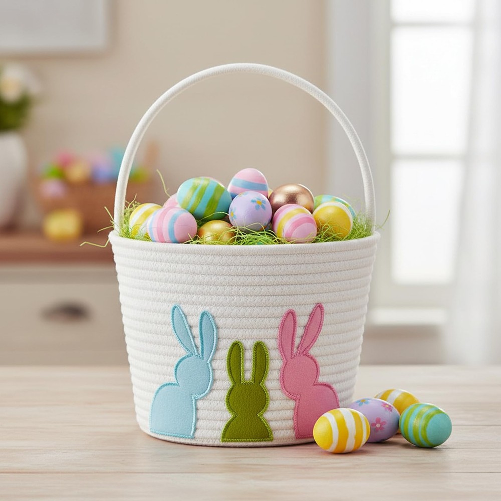 E-FirstFeeling Easter Baskets for Kids, Woven Easter Bunny Basket with Handle...