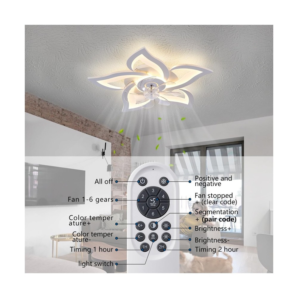 White Flower Modern CeilingFans with Lights, Low Profile Ceiling Fan with Rem...