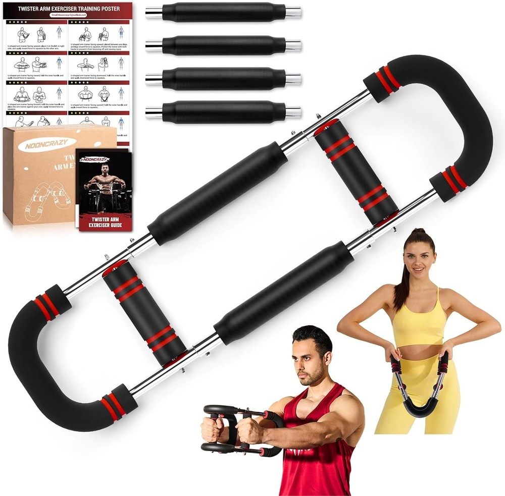 Adjustable twisting arm trainer for chest exercises.