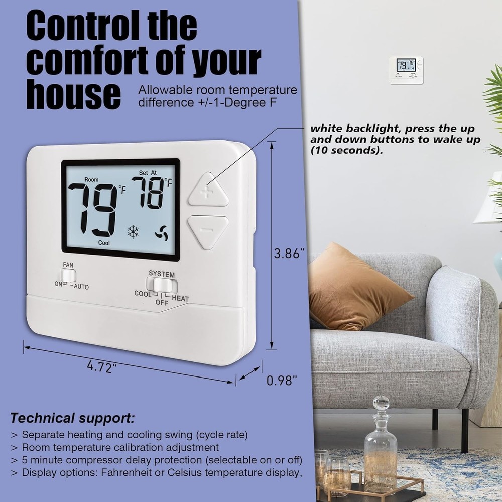Non-Programmable Thermostat for Home Single-Stage Systems White Backlight