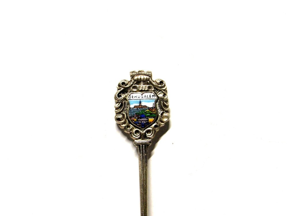 Vtg Collectible Souvenir Spoon Jerusalem Silver Scrolled Pattern Ceramic Inset