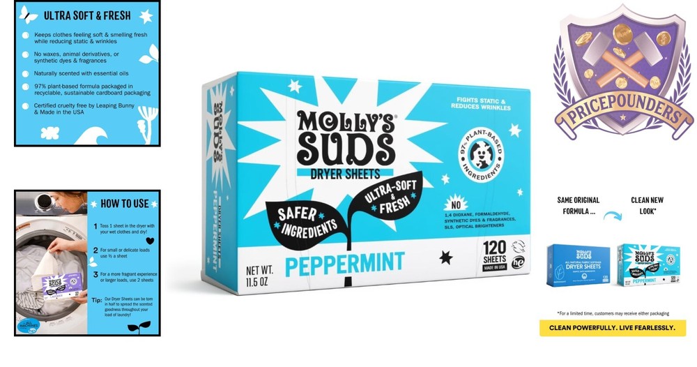 Fabric Softener Dryer Sheets Peppermint 120 Count Plant-Based Static Reducer