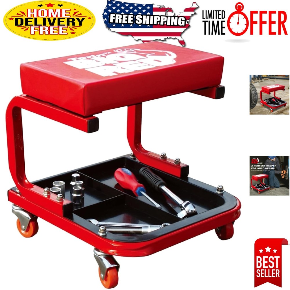 Torin Medium Red Rolling Creeper Stool - Padded Seat, Easy Mobility, Tool Tray