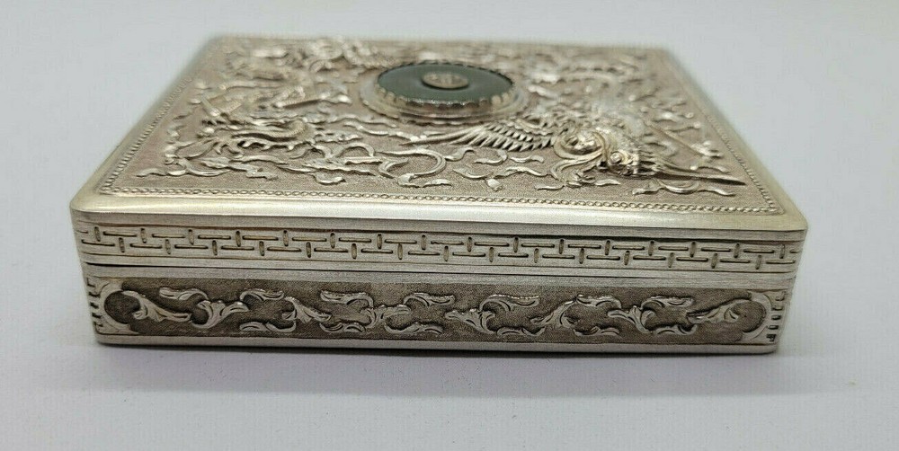 ANTIQUE BEAUTIFUL SOLID SILVER CIGARETTE CASE DRAGON & JADE SCENE 132.6 G. /B090