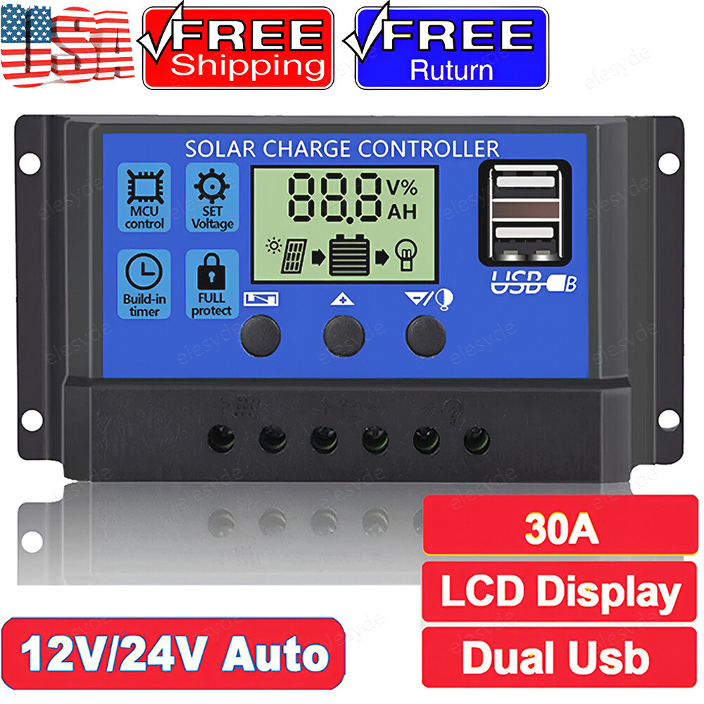 30A PWM Solar Panel Charge Controller 12/24V Auto LCD Display Dual USB Timer Set
