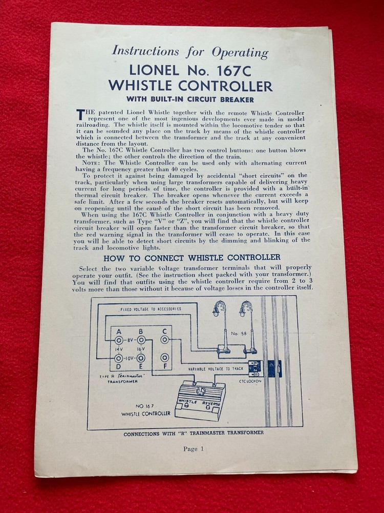 C8 LIONEL POSTWAR 167 WHISTLE CONTROLLER OPERATING INSTRUCTIONS 1955
