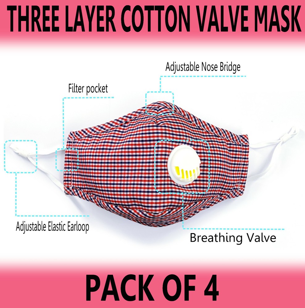 4pcs 100% VALVE COTTON FACE MASK THREE LAYER WASHABLE CHECKED PATTERN UNISEX