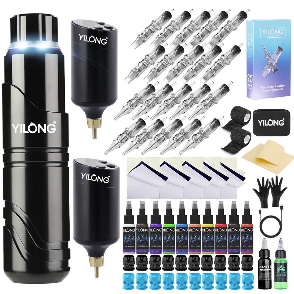 Wireless Tattoo Kit Complete Pen Machine with 2Pcs Power Supply Needle Ink Paper