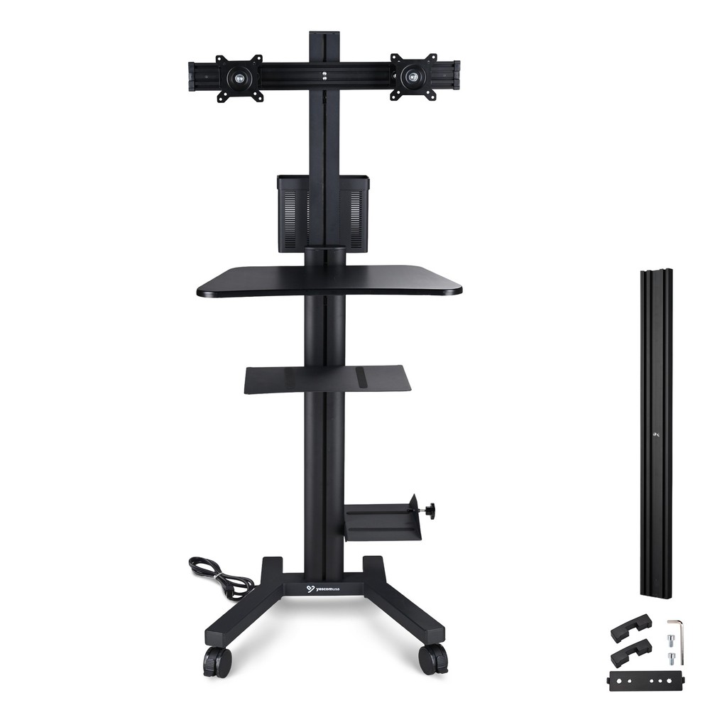 YesSources Mobile Computer Stand Workstation 2 Monitor Mount w/ Additional Pole