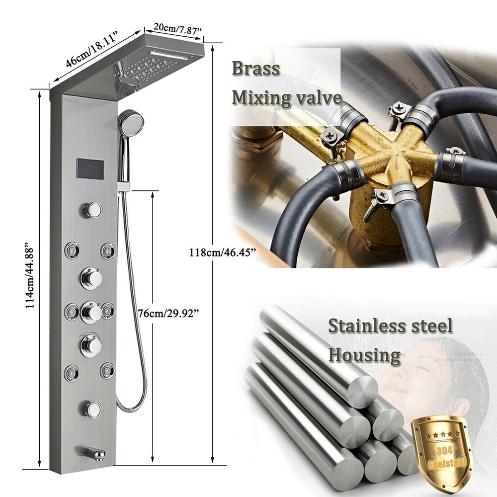 Rain&Waterfall Shower Panel Tower System Stainless Steel 6-Function LED Massage