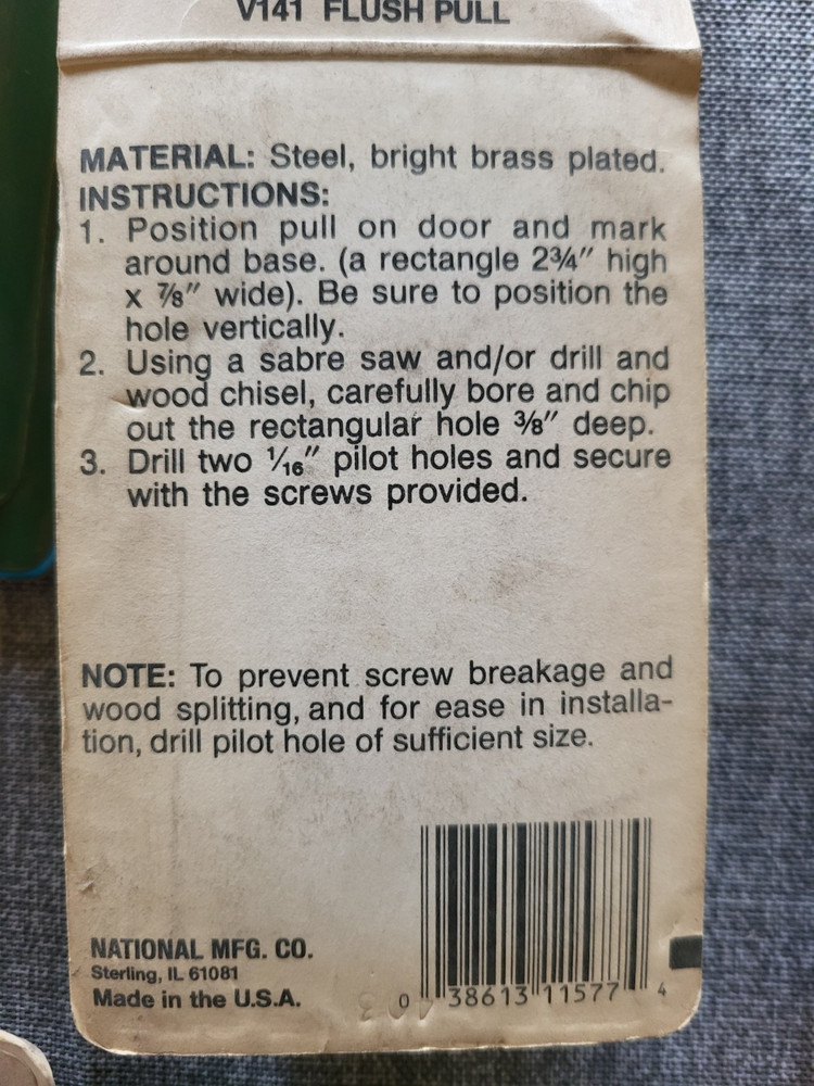 Brass Plated Flush Pulls, 2 3/4" long, Set of 5