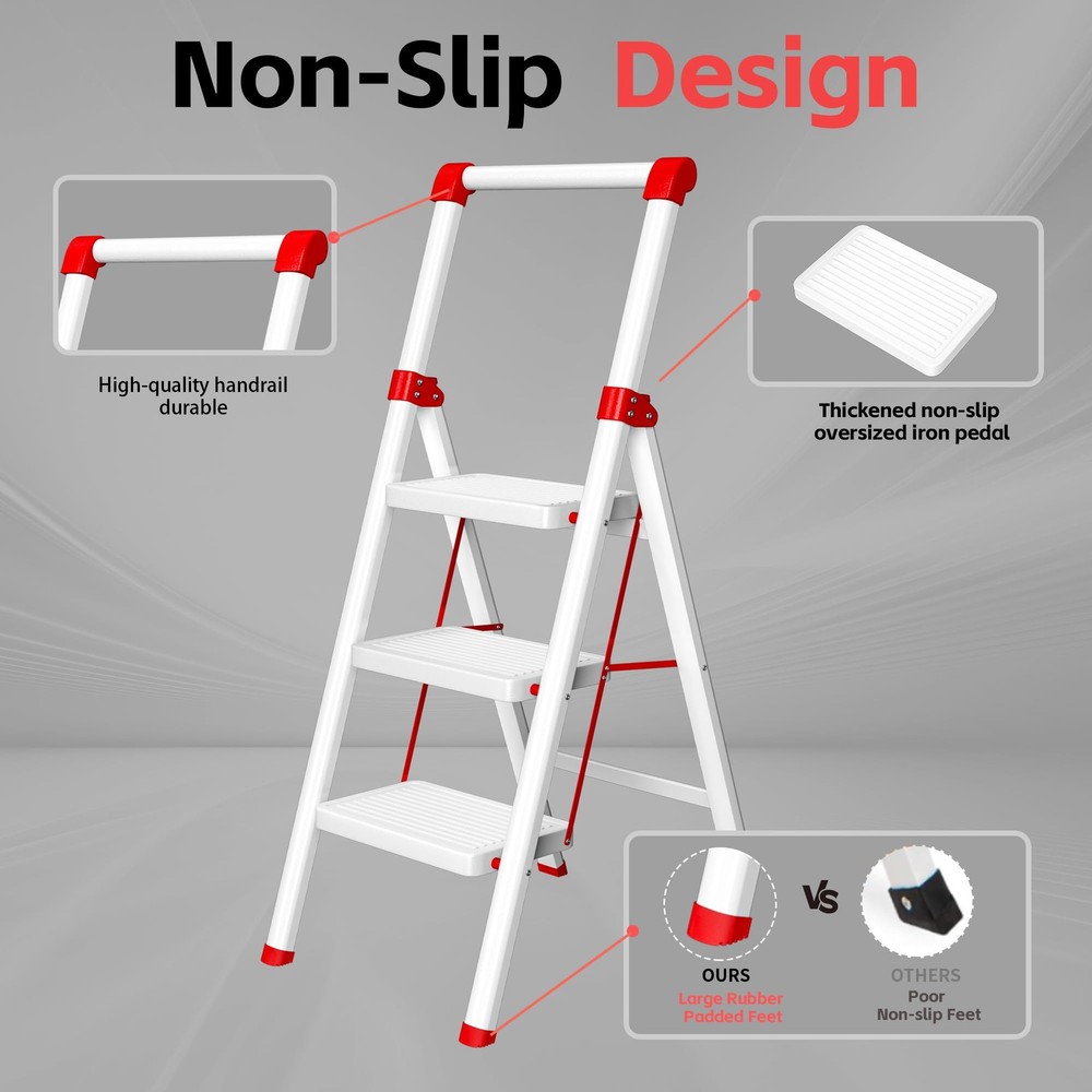 DIAMONDFORGE 3 Step Ladder with Handle, Foldable 3 Step, Ivory White