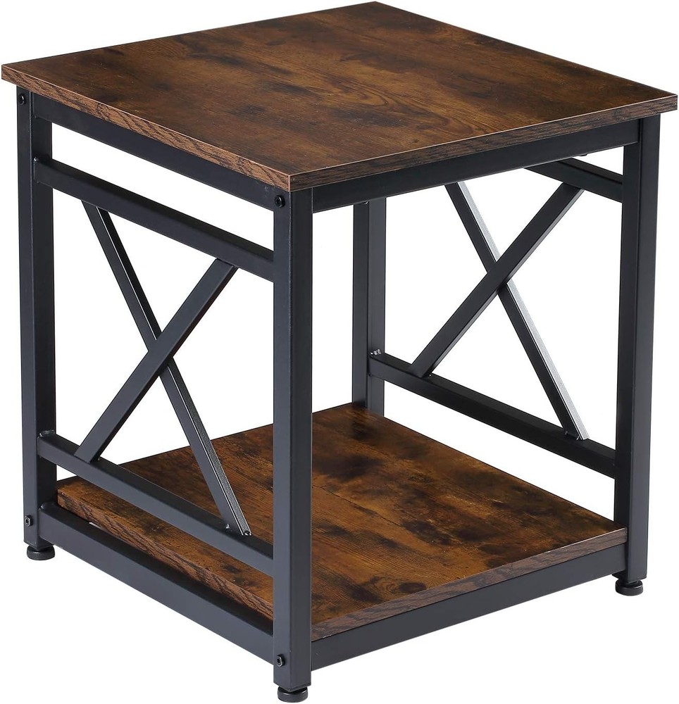 Industrial End Table Side Table with 2-Tier Storage Shelf, 18'' Square