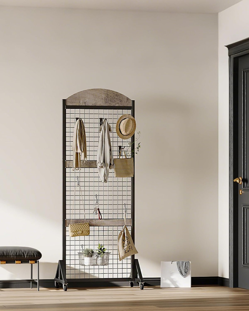 Movable Grid Wall Panel Display Rack with Wheels & Hooks - Greige/Black