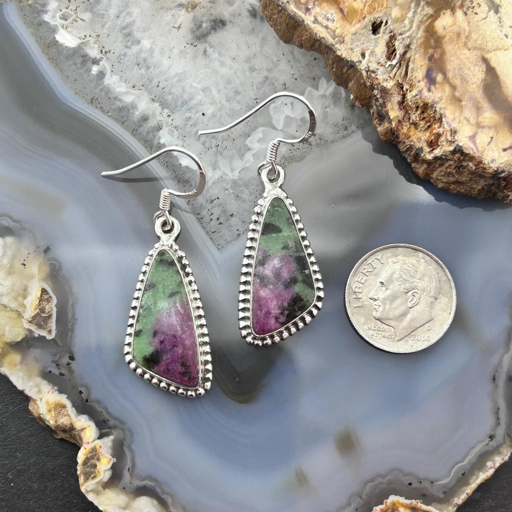 Sterling Southwestern Style Triangular Ruby Zoisite Dangle Earrings For Women