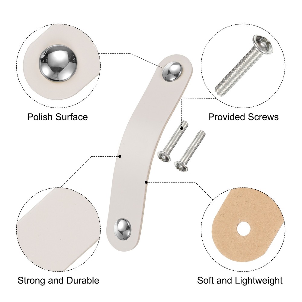 4 Packs Leather Drawer Pulls Double Hole Knobs, Cream/Silver(Hole Spacing:96mm)